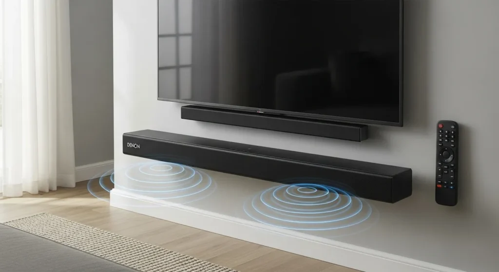 Denon soundbar with paired universal remote.