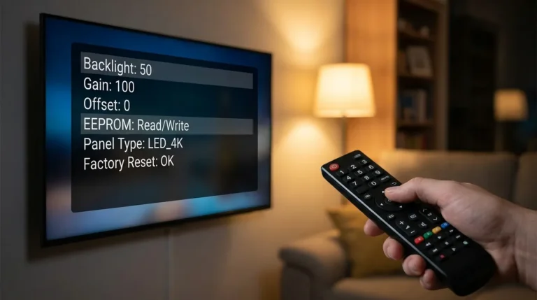 Element TV service menu codes access guide showing remote and settings screen