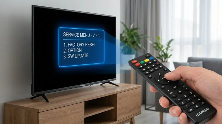 Hyundai TV service menu displayed on screen with remote control in foreground