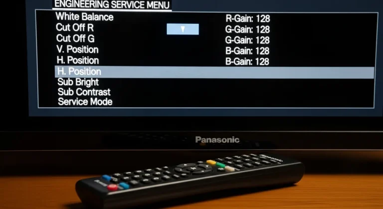 Panasonic TV service menu codes screen with remote control