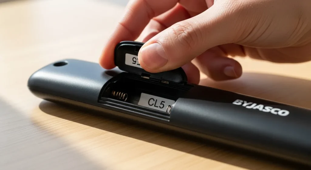 Byjasco remote battery door open showing CL version.