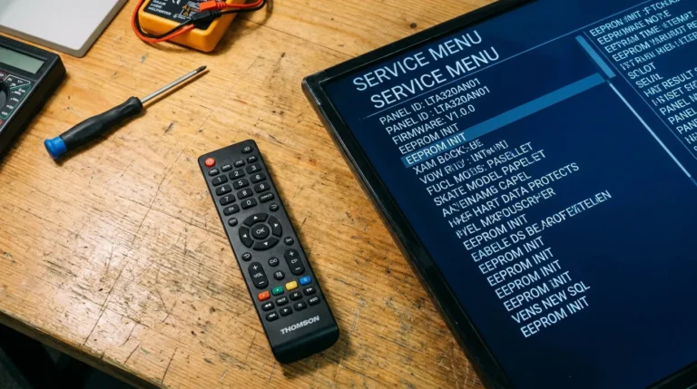 Thomson TV service menu codes — remote control and service menu displayed on TV screen