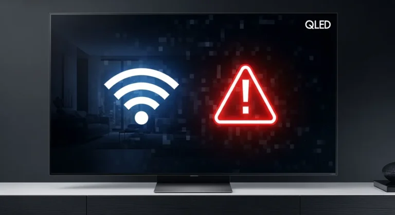 Samsung smart TV displaying WiFi connection error on screen in modern living room
