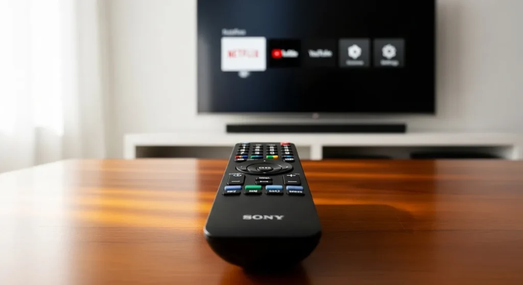 Sony universal remote aimed at a TV during setup.