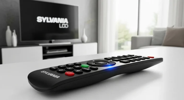 Universal remote control with illuminated LED during Sylvania TV programming process showing code entry method