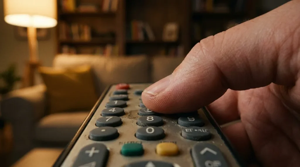 Person entering a TV remote code on a universal remote control