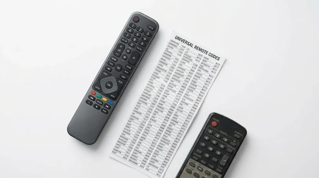 List of universal remote codes for Konka TV on paper beside a universal remote control