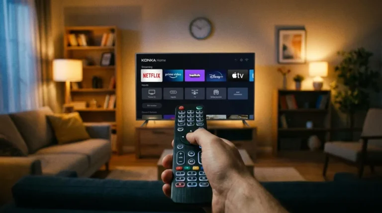 Universal remote being programmed to a Konka TV using remote codes