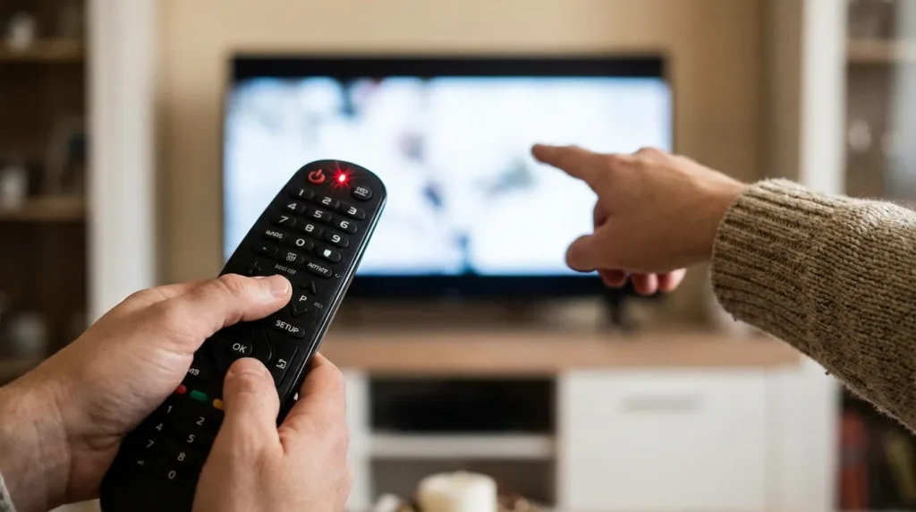 Person pressing the SETUP button on a universal remote while pointing it at a TV