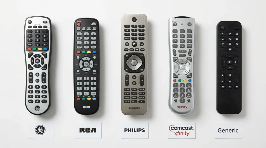 Five universal remote controls from different brands laid flat on a white surface