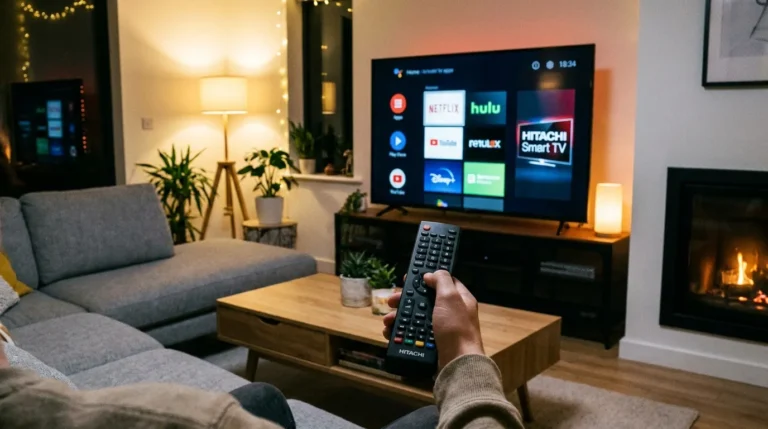 Person programming a universal remote to a Hitachi TV