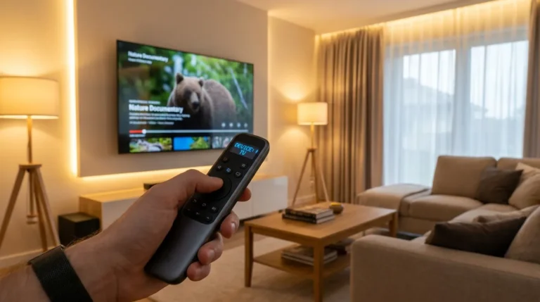 A person holding a universal remote pointed at a Mitsubishi TV