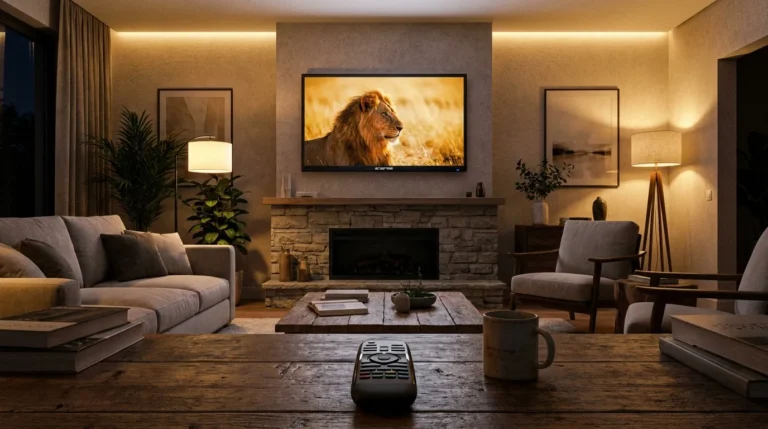 Universal remote control in front of a Sceptre TV displaying a home screen