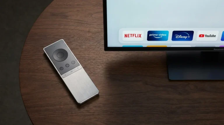 Universal remote control next to a Panasonic TV displaying a home screen