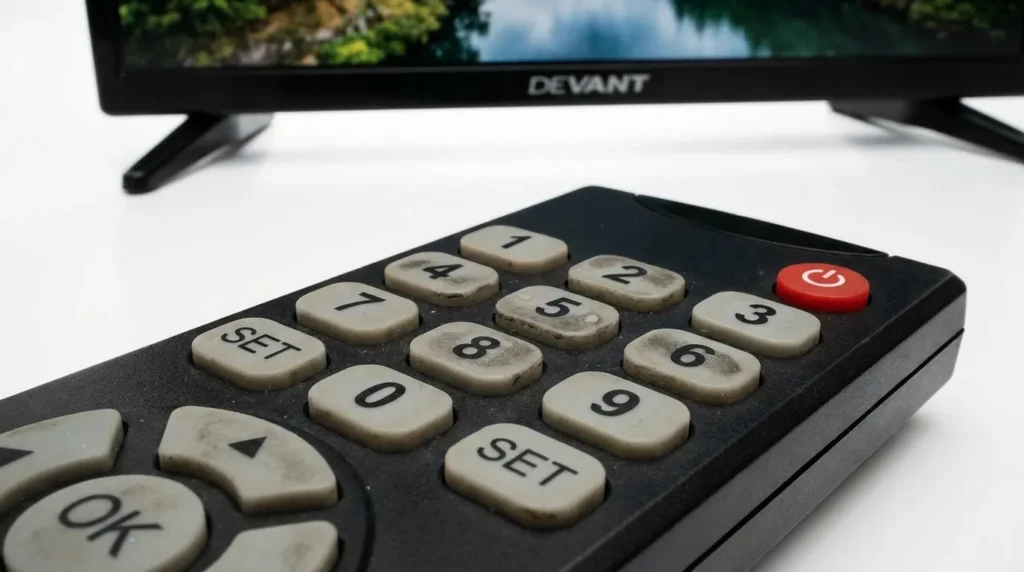 Hand entering universal remote code for Devant TV