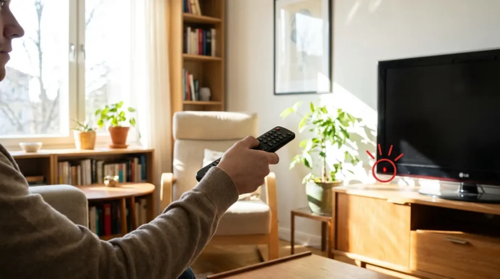 Person programming a universal remote to a Devant TV using the power button test
