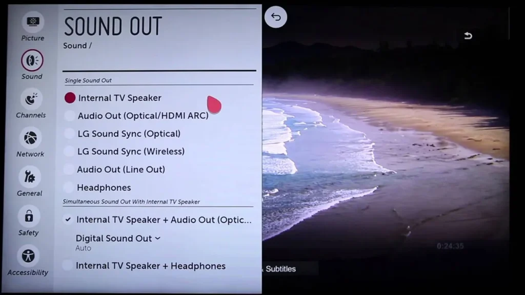 LG TV sound output settings menu.