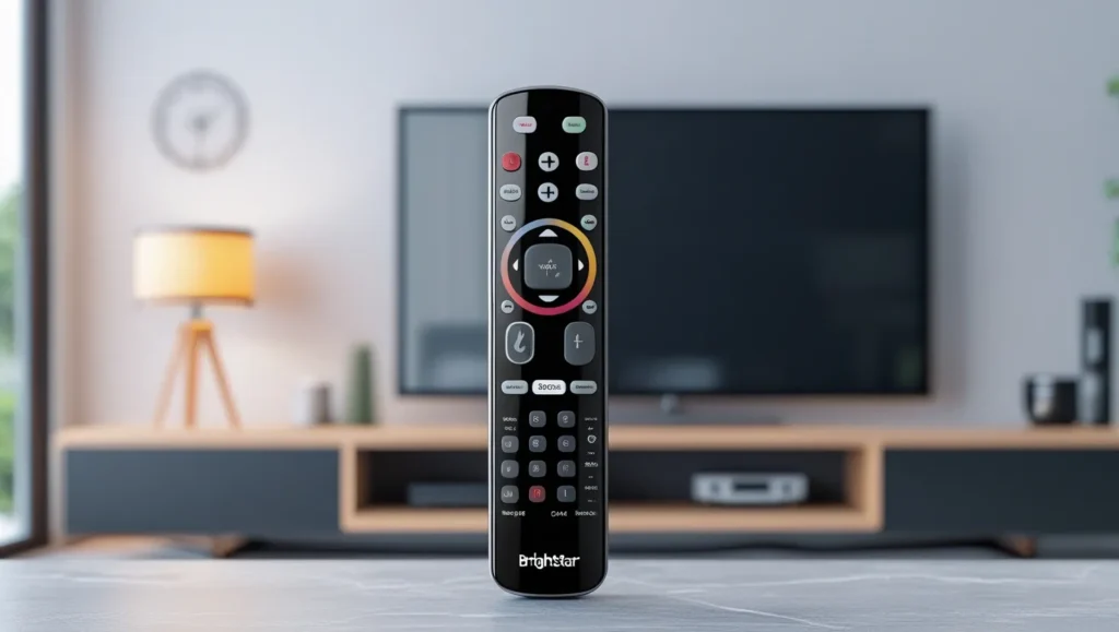 Brightstar universal remote with TV in background