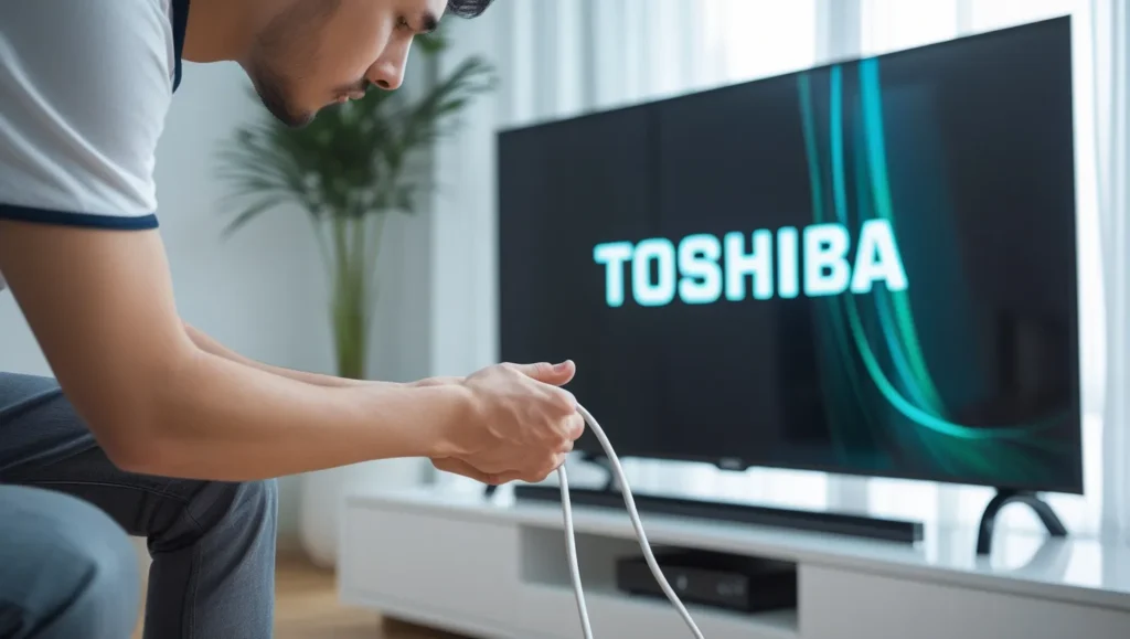 Person checking power cord of Toshiba TV.