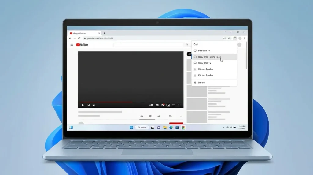 Chrome browser Cast menu showing Roku device option on Windows 11 PC