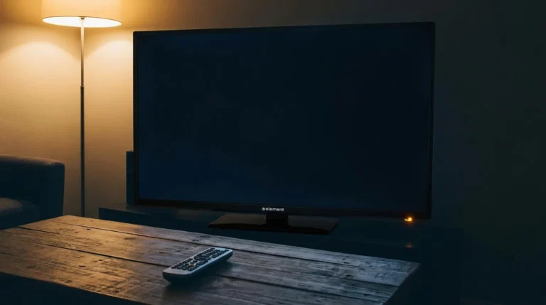 Element TV turning off by itself in a dark living room with remote on coffee table