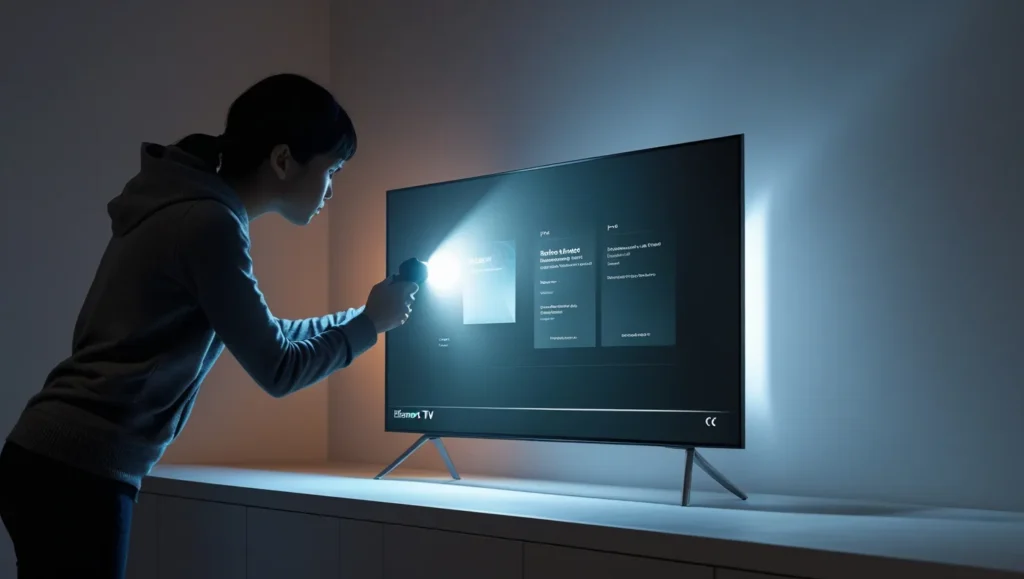 Person shining flashlight on Element TV screen