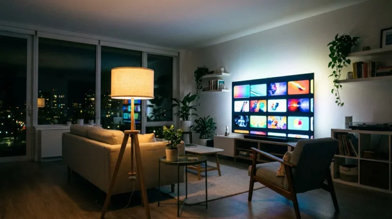 Smart TV displaying a streaming channel grid, representing the FreeCast free channels list for 2026