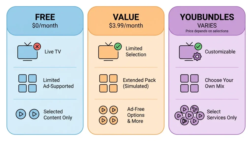 FreeCast pricing plan chart showing free, Value Channels, and YouBundles tiers