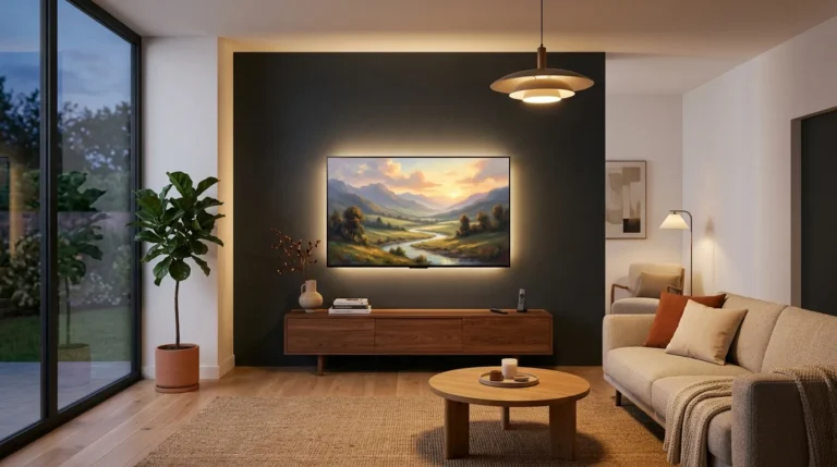 LG OLED TV displaying an art screensaver in a modern living room