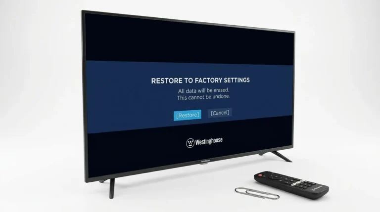 Westinghouse TV showing factory reset confirmation screen with remote and paperclip on desk