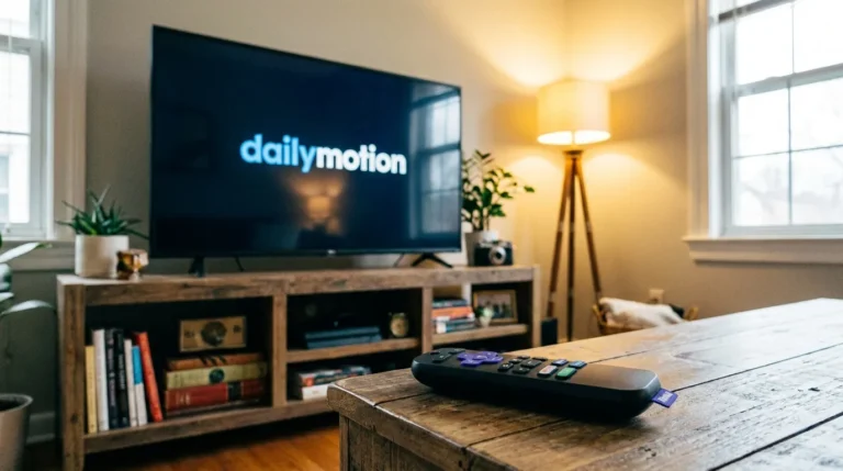 Roku remote in front of a TV showing the Dailymotion logo on screen