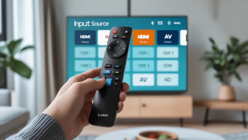 Element TV remote with input source menu displayed
