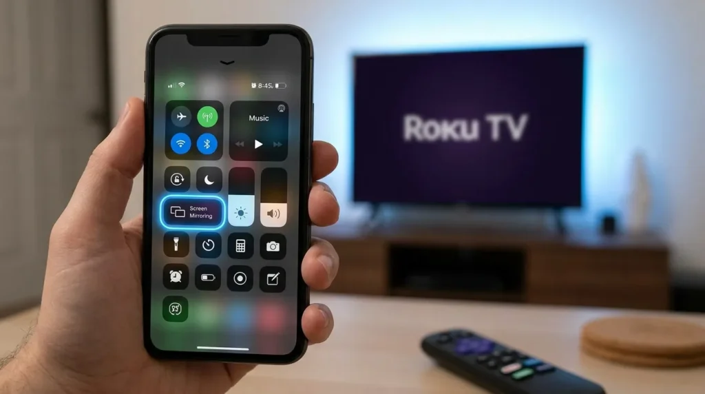 iPhone Control Center with Screen Mirroring option highlighted to connect to Roku TV