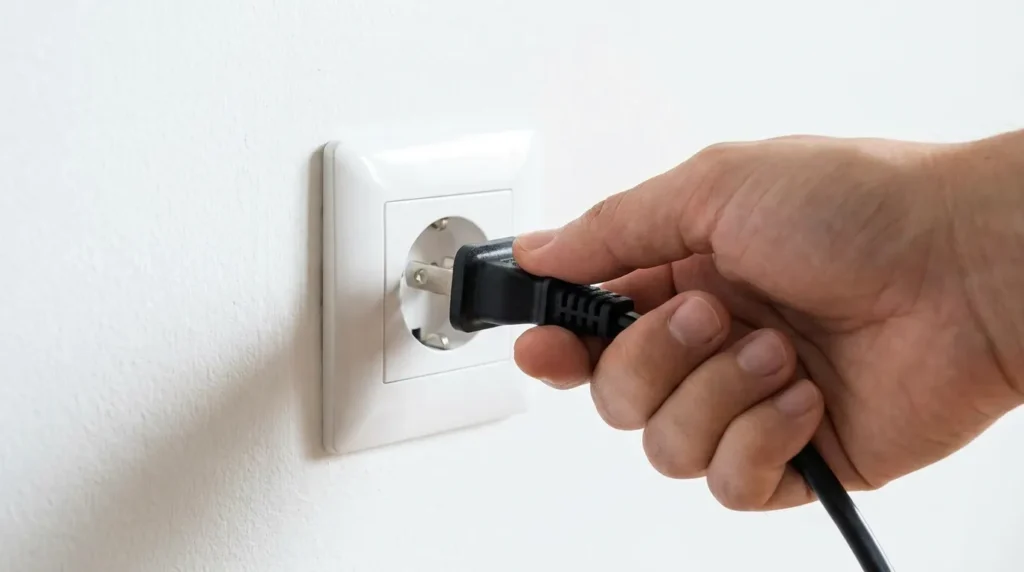 Hand unplugging a TV power cord from a wall outlet