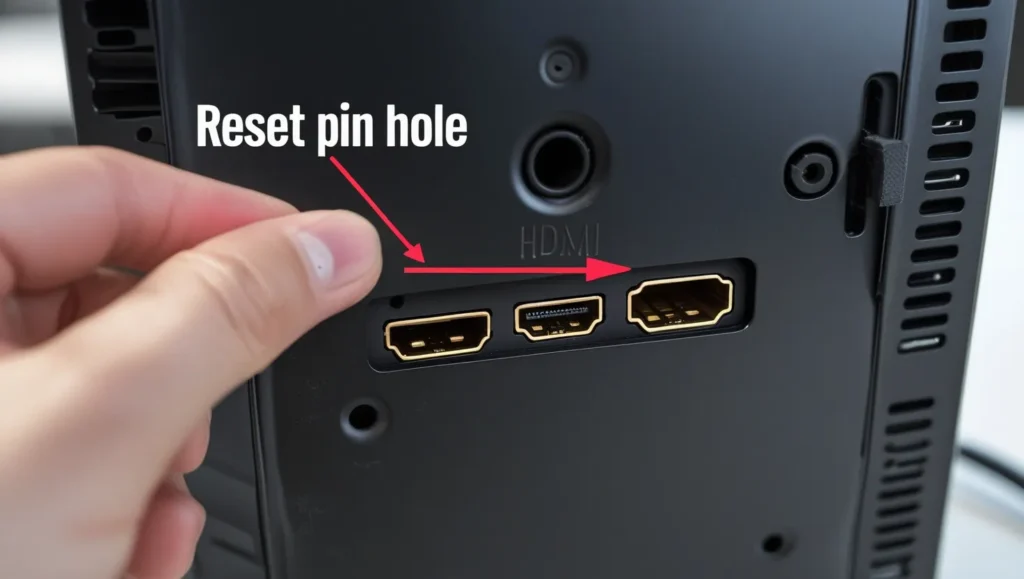 Back of Element TV with reset pin hole highlighted