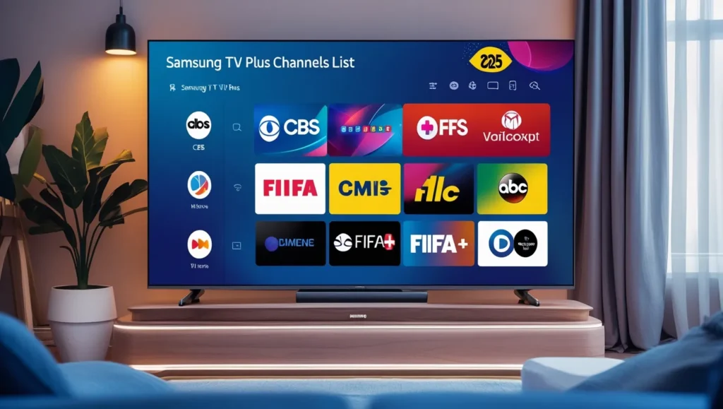 Samsung Smart TV displaying Samsung TV Plus channel list