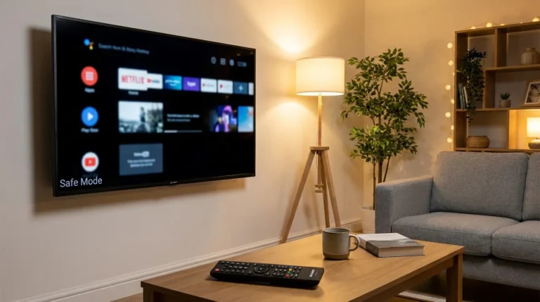 Sharp TV screen showing Safe Mode watermark in the corner