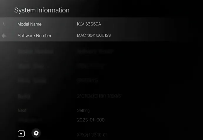 Sony TV settings menu showing software version