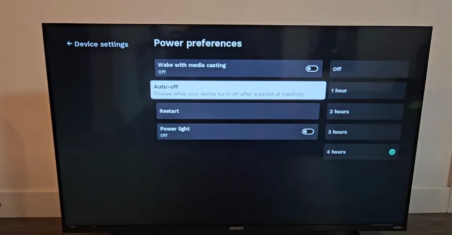 TV settings menu with sleep timer disabled.