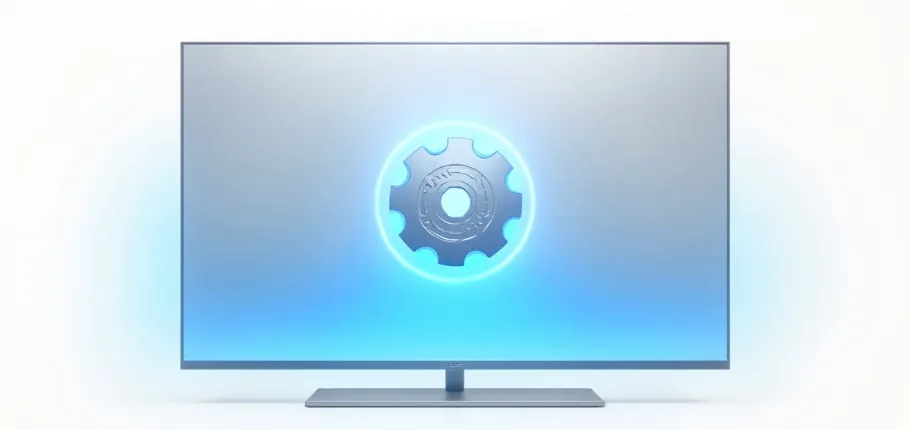 LED TV with gear icon showing firmware update.