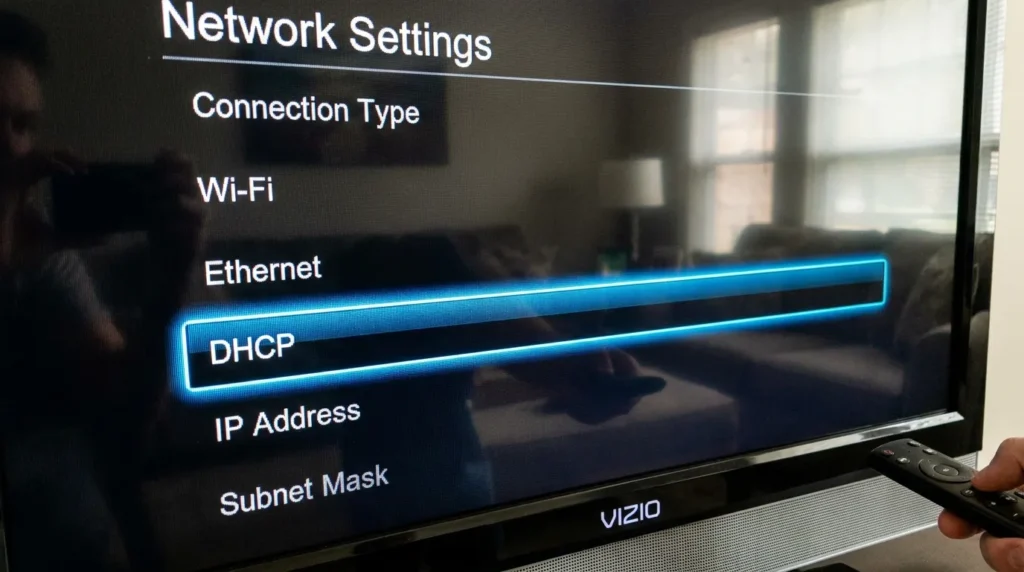 Vizio TV screen showing the network settings menu with DHCP option