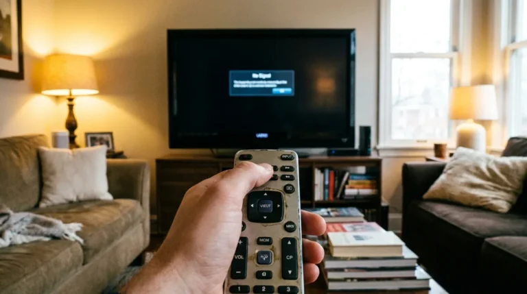 Person pressing Input button on Vizio remote with TV showing no signal message