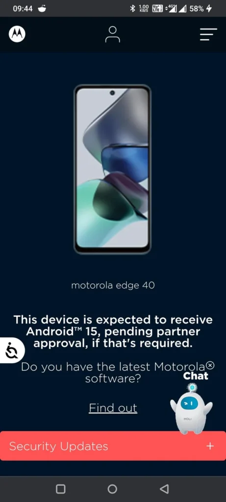 Android 15 update on Motorola Edge 40