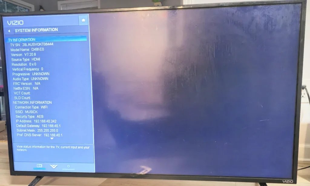 Vizio TV settings menu displaying system information.