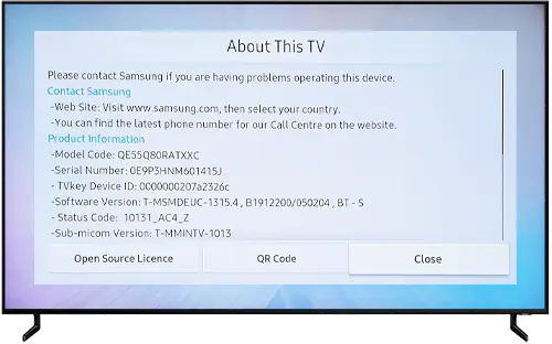 Samsung TV settings screen with model number.
