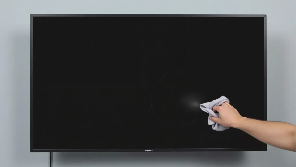 Person using auto rubbing compound on a TV screen