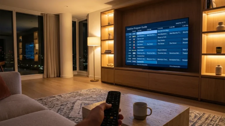 DISH Network TV channels list 2026 displayed on a living room television screen