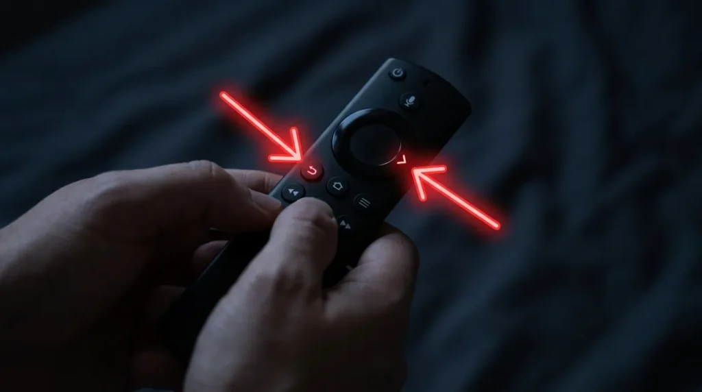 Fire TV Stick remote showing blind reset button combination for black screen fix