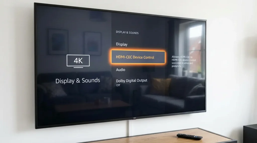 Fire TV settings menu showing HDMI-CEC option to disable for black screen fix