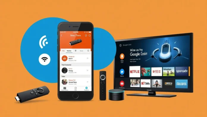 Smartphone with Fire TV app controlling Fire TV Stick on TV screen